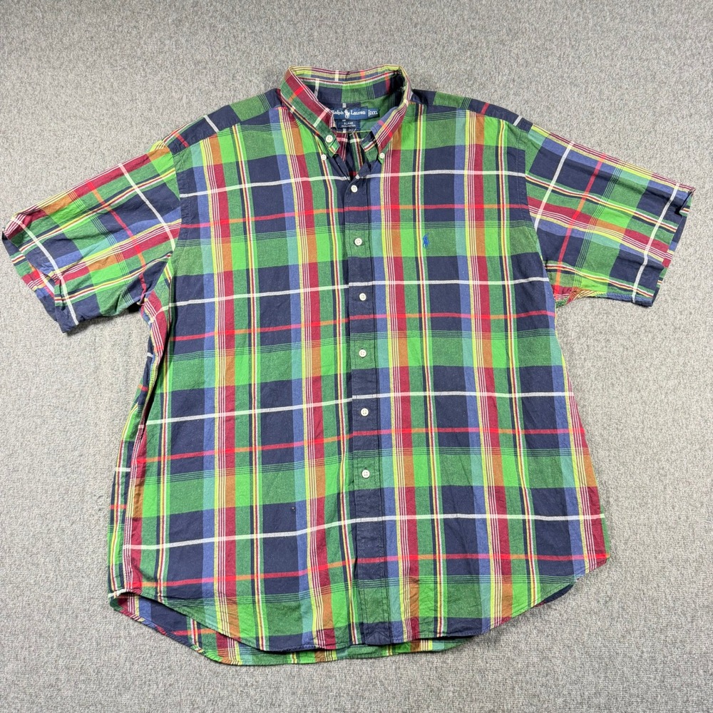 Ralph Lauren Blake Mens XXL Green Plaid Short Sleeve Button Down Cotton Shirt